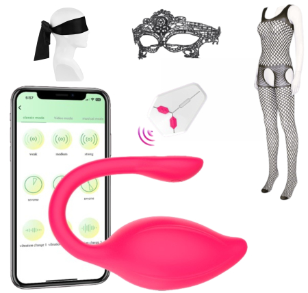 Erotica - Vibrator cu aplicatie mobila, GABOS, 10 moduri de vibratii, silicon medical, reincarcabil USB, rezistent la apa, jucarie sexuala, cu masca dantelata, panglica satinata de ochi, lenjerie din plasa elas