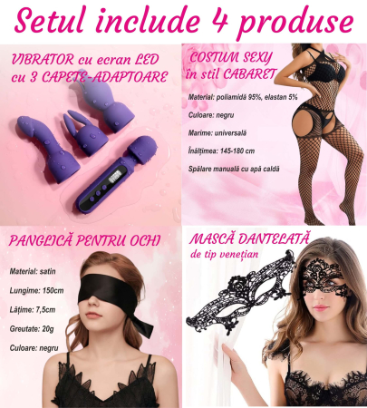 Vibrator cu ecran LED digital, 4 trepte intensitate, 10 moduri de vibratie, cu 3 adaptoare pentru clitoris, punctul G si mameloane, masca dantelata, panglica satinata de ochi, lenjerie din plasa [1]