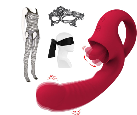 Erotica - Vibrator dublu cu limba, GABOS, cu 10 moduri de vibratii, silicon medical, reincarcabil USB, rezistent la apa, jucarie sexuala, cu masca dantelata, panglica satinata de ochi