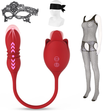 Erotica - Vibrator dublu pentru femei, trandafir cu suctie, stimulator clitoris, anus si punctul G, poratbil, 10 tipuri vibratii, rezistent la apa, include masca dantelata, panglica satin si costum plasa