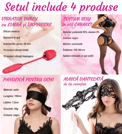 Vibrator dublu pentru femei, trandafir cu suctie, stimulator clitoris, anus si punctul G, poratbil, 10 tipuri vibratii, jucarie sexuala, cupluri, rezistent la apa, masca dantelata, panglica satinata [12]