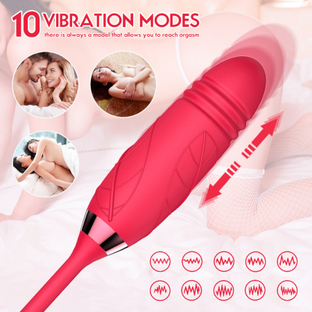Vibrator dublu pentru femei, trandafir cu suctie, stimulator clitoris, anus si punctul G, poratbil, 10 tipuri vibratii, rezistent la apa, include masca dantelata, panglica satin si costum plasa [1]
