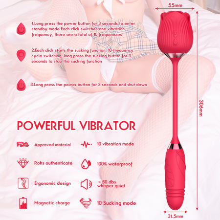 Vibrator dublu pentru femei, trandafir cu suctie, stimulator clitoris, anus si punctul G, poratbil, 10 tipuri vibratii, rezistent la apa, include masca dantelata, panglica satin si costum plasa [7]