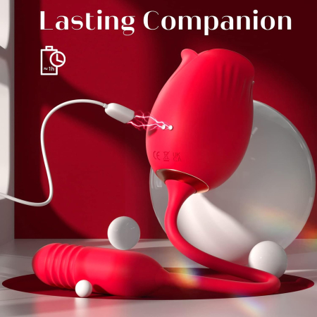 Vibrator dublu pentru femei, trandafir cu suctie, stimulator clitoris, anus si punctul G, poratbil, 10 tipuri vibratii, jucarie sexuala, cupluri, rezistent la apa, masca dantelata, panglica satinata [9]