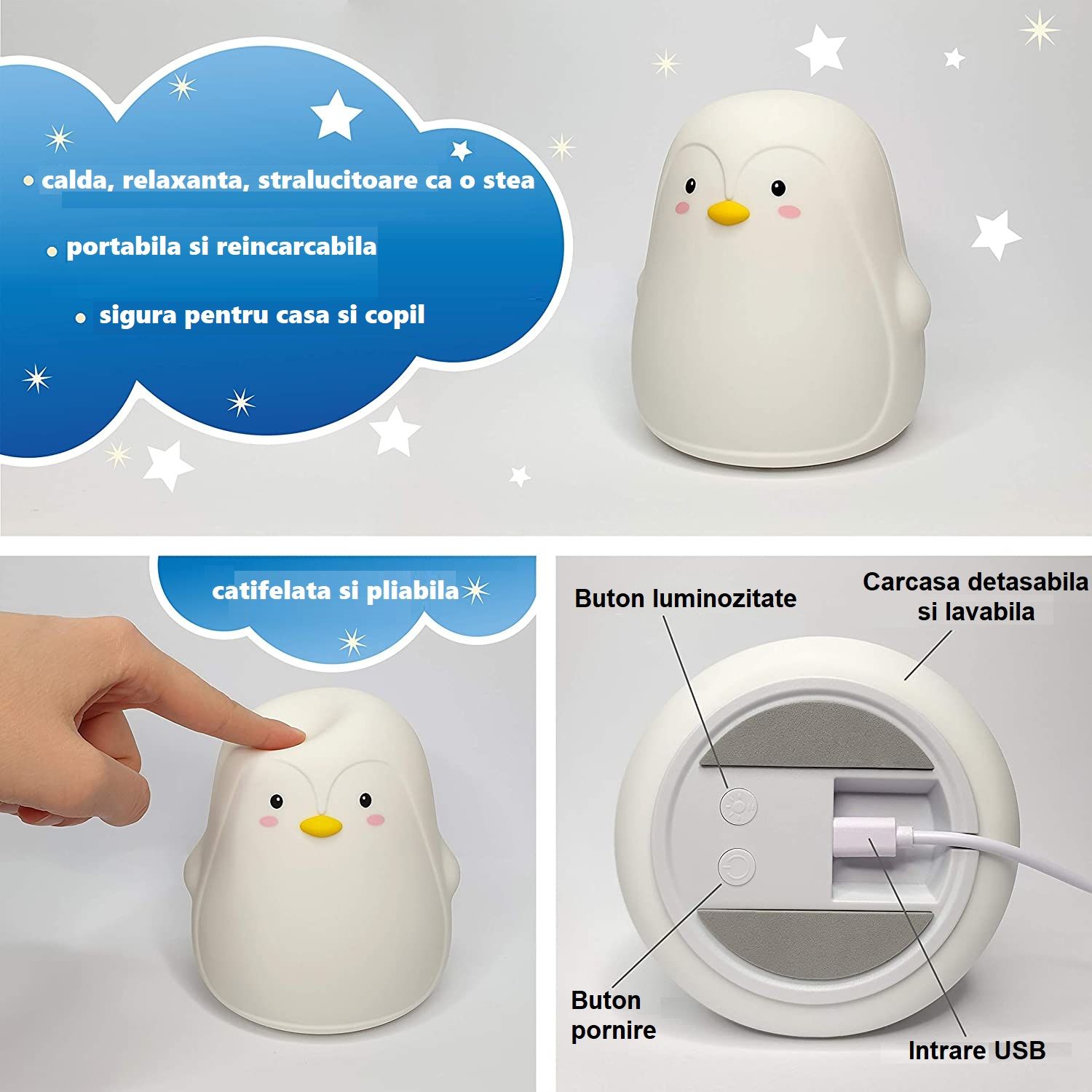 Emulate Swipe Commerce Lampa de veghe portabila pentru copii, LED 3 culori, lumina reglabila,  carcasa lavabila si detasabila din silicon BPA free, incarcare USB, Pinguin