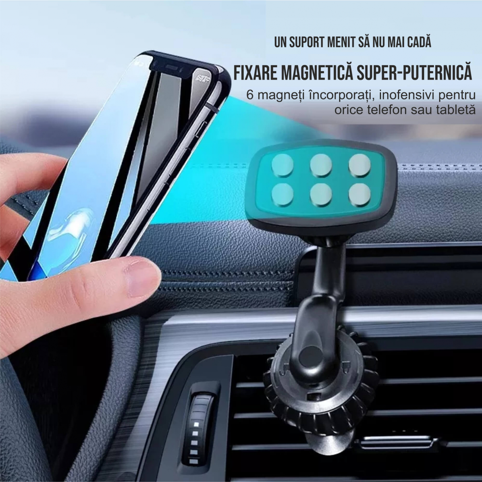 Suport auto magnetic pentru telefon cu prindere in grila de ventilatie cu  sistem inovativ clip-carlig, rotativ 360 grade, Universal
