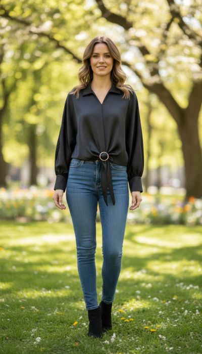 Bluza eleganta din satin negru cu detaliu tip funda si inel decorativ