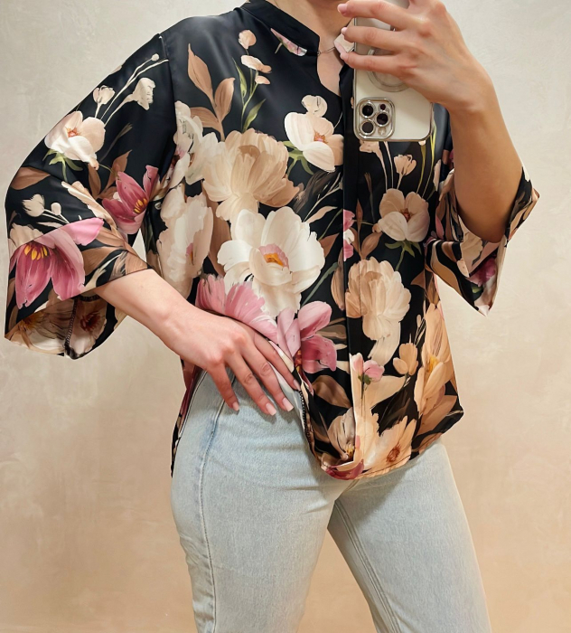 Cămașă lejeră din satin cu imprimeu floral – Mărime universală [2]