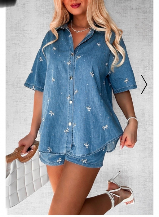 Set Denim Casual cu Broderie Fundite