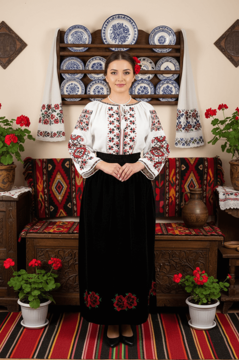 Fusta din catifea cu broderie rosie - Carmen