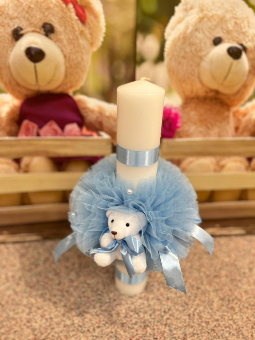 Lumanare Botez Voal Rotund Ursulet - Bleu [2]