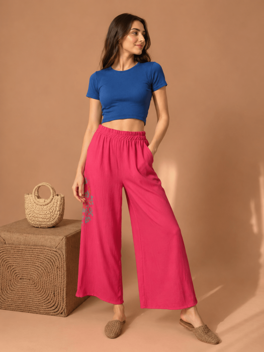 Pantaloni de vara cu broderie siclam [2]