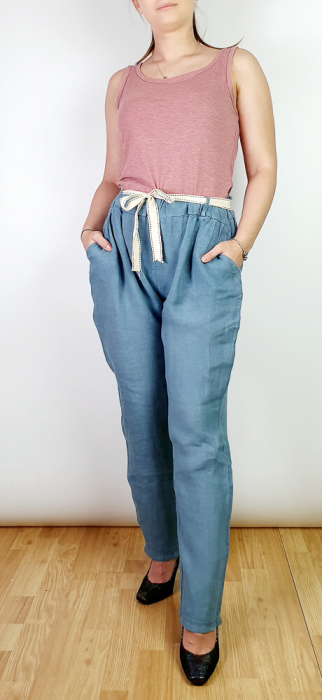 Pantaloni lungi din in - gabi - albastru metalic