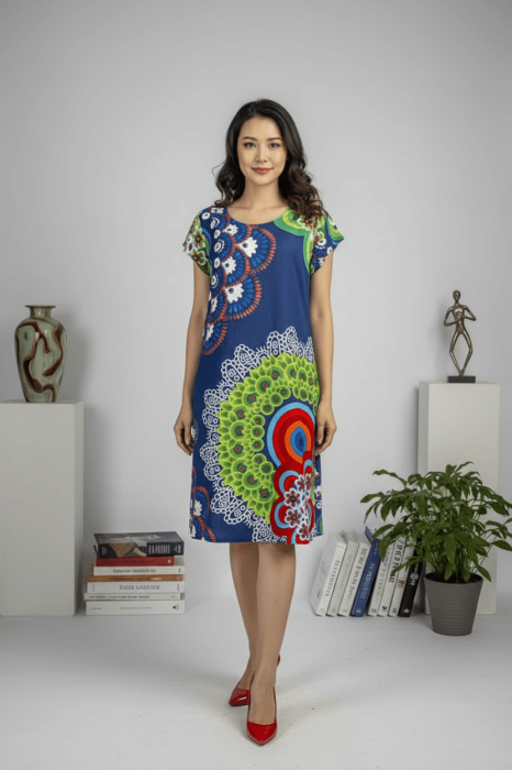 Rochie bleumarin din vascoza cu imprimeu multicolor