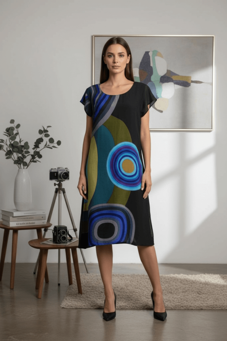 Rochie neagra din vascoza cu imprimeu abstract