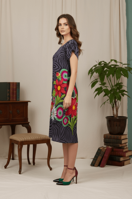 Rochie gri din vâscoză cu imprimeu floral colorat [2]