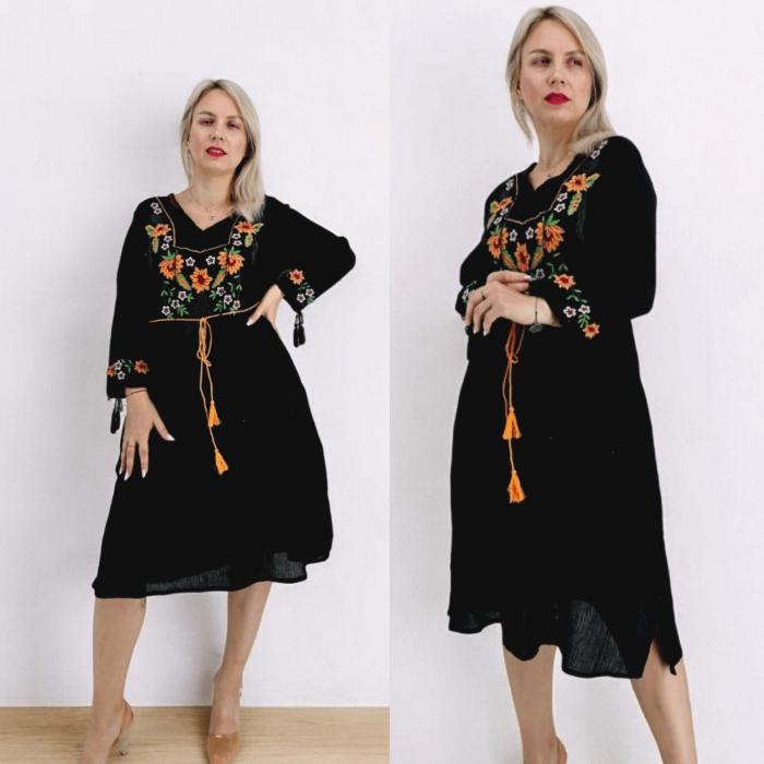 Rochie Dama cu Broderie Galbena - Melissa Rochie Dama cu Broderie Galbena - Melissa
