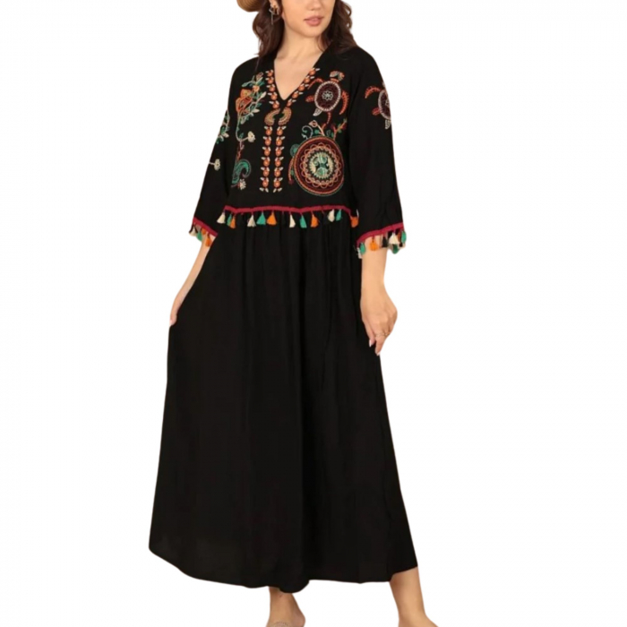 Rochie de damă cu ciucuri brodate din țesătură de viscoză - negru [6]