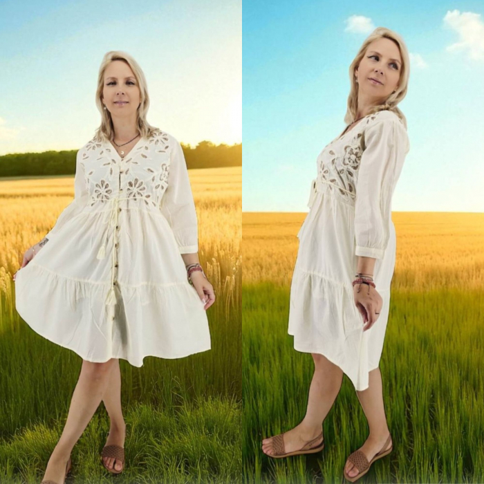 Rochie „Floare de Grau” cu decupaje florale si snur din rafie 2 [6]