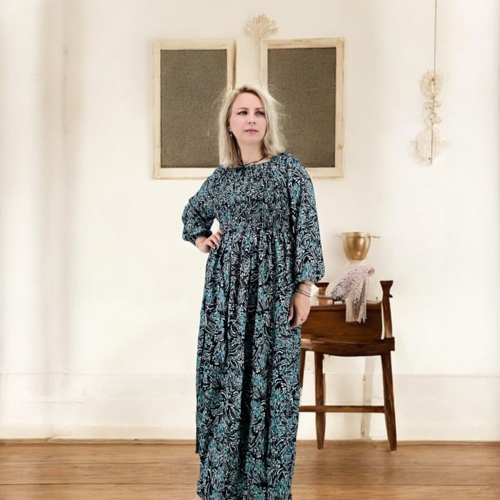 Rochie lungă de vară cu mânecă 3/4 și imprimeu floral abstract [2]