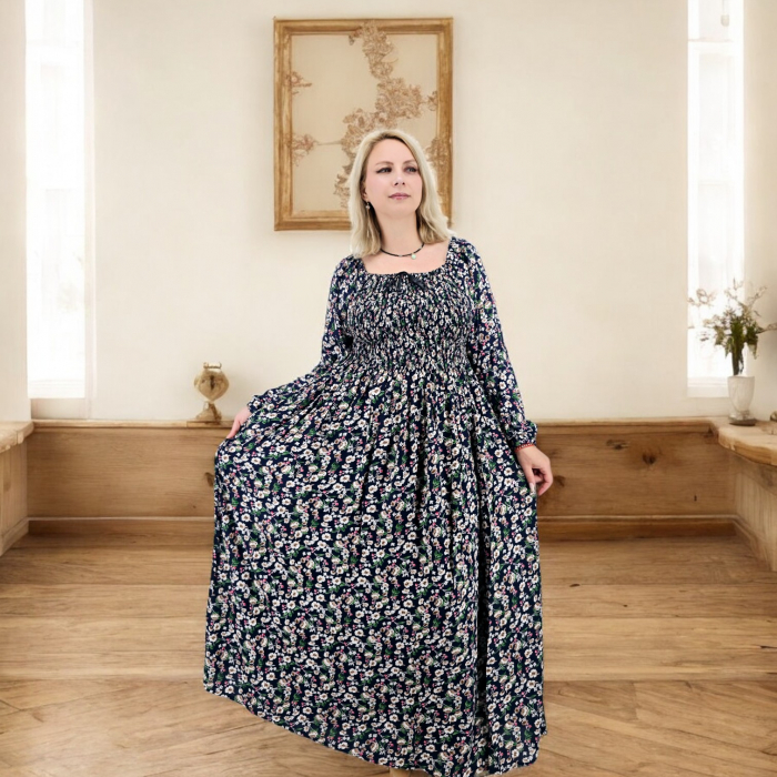 Rochie lungă de vară cu mânecă 3/4 și imprimeu floral abstract [4]