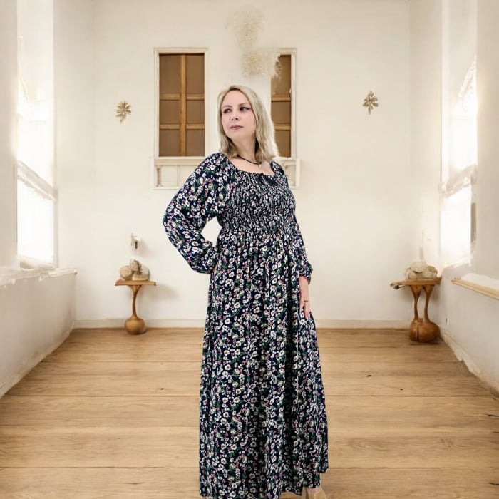 Rochie lungă de vară cu mânecă 3/4 și imprimeu floral abstract [2]