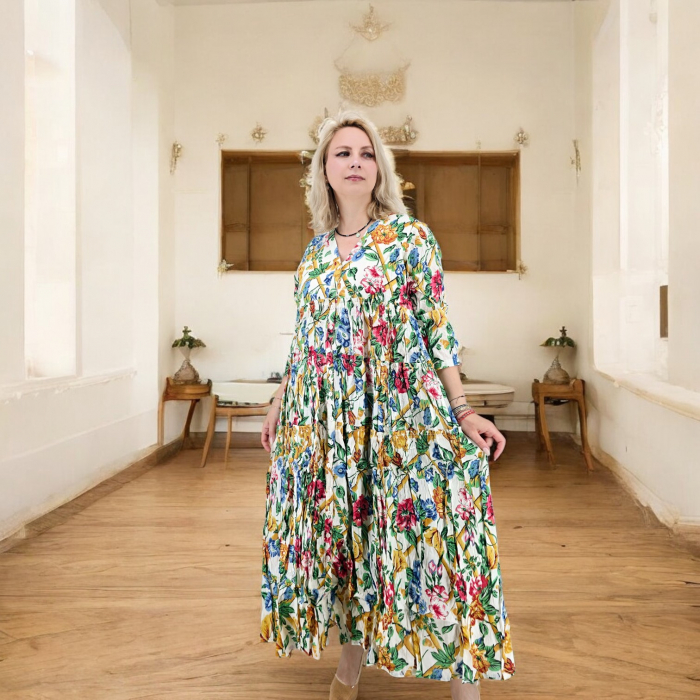 Rochie lungă vaporoasă cu imprimeu floral multicolor [2]