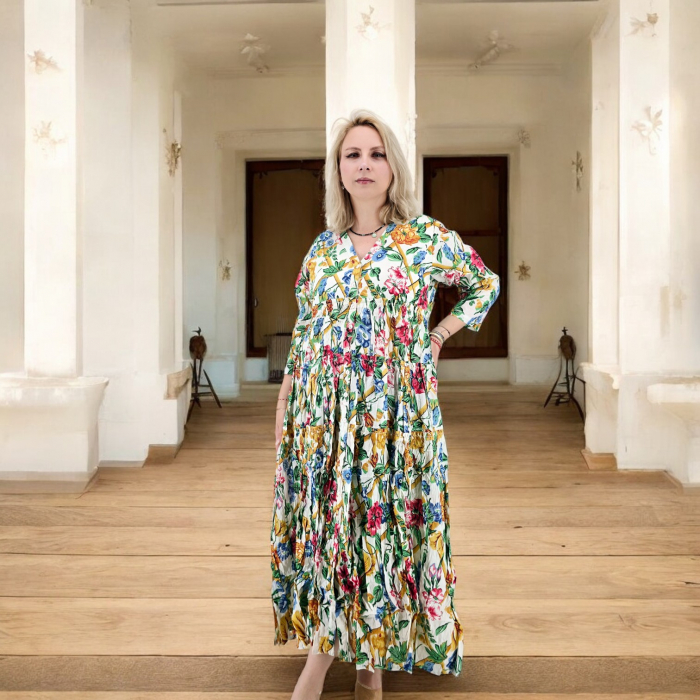 Rochie lungă vaporoasă cu imprimeu floral multicolor [4]