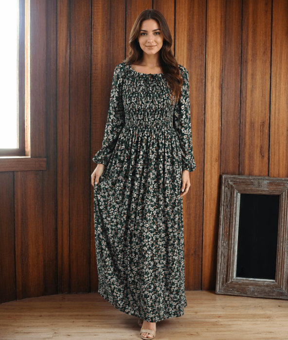 Rochie lunga de vara cu maneca 3 4 si imprimeu floral verde