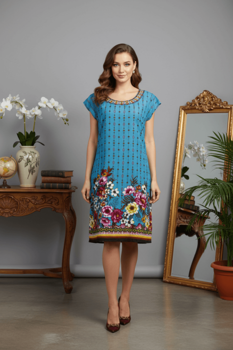 Rochie albastra din vascoza cu imprimeu floral