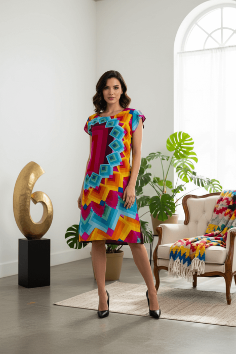Rochie multicolora cu imprimeu geometric
