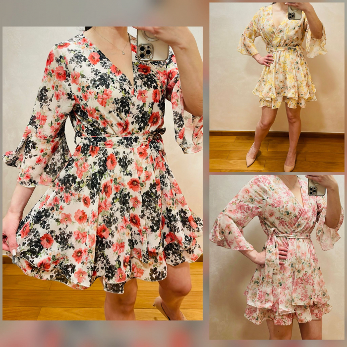 Rochie scurta din voal cu imprimeu floral si croi petrecut Rochie scurta din voal cu imprimeu floral si croi petrecut