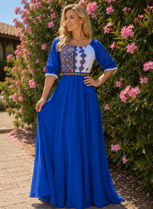 Rochie stilizata cu motive traditionale lunga Magdalena