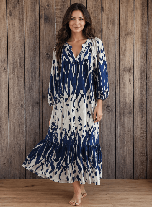 Rochie vaporoasa din vascoza cu imprimeu abstract albastru
