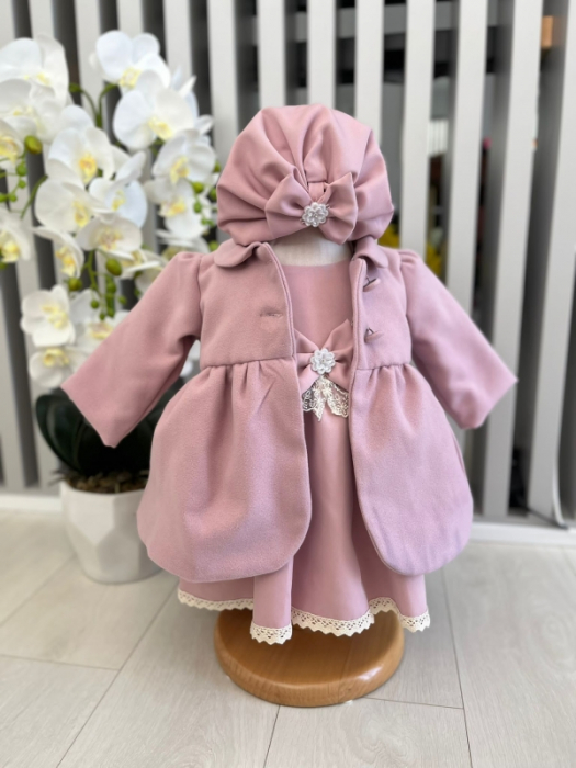 Rochita fetite din catifea cu palton si turban - roz ila