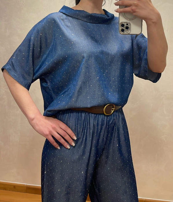 Set damă din denim satinat cu paiete discrete – bluză lejeră + pantaloni cu talie elastică [2]