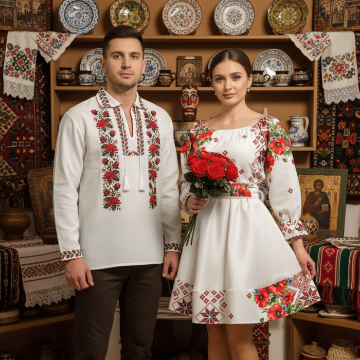 Set Cuplu 614/ Camasa Traditionala si Rochie Stilizata cu motive traditionale [2]