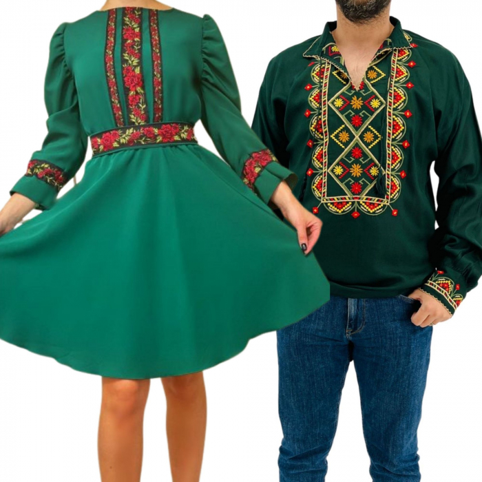Set cuplu traditional 251 camasa traditionala si rochie cu motive traditionale