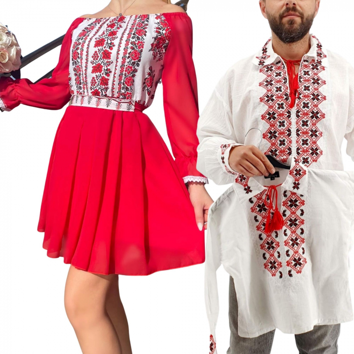 Set cuplu traditional 255 camasa traditionala si rochie cu motive traditionale