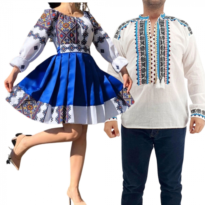 Set cuplu traditional 262 camasa traditionala si rochie cu motive traditionale