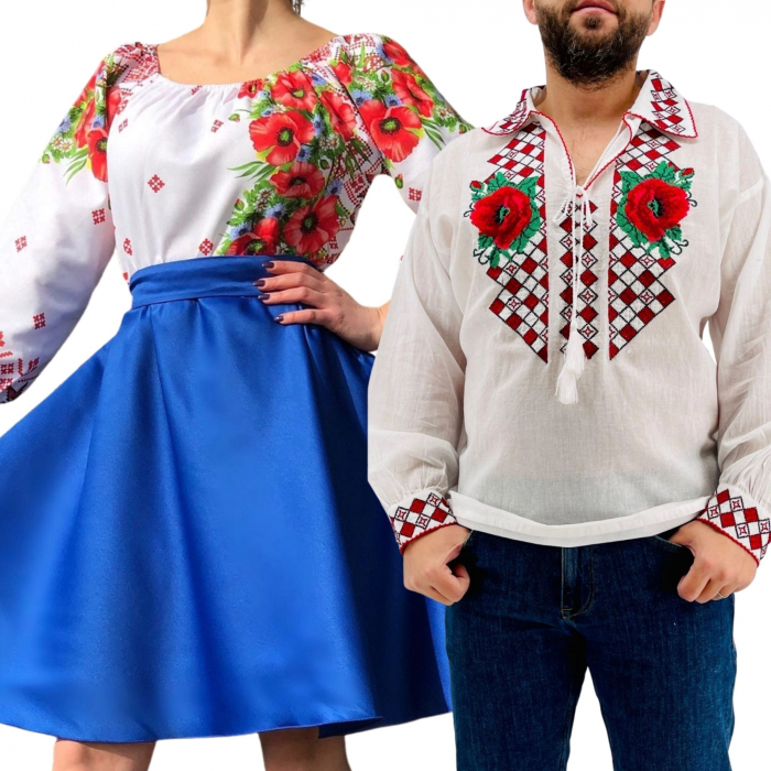 Set cuplu traditional 271 camasa traditionala si rochie cu motive traditionale