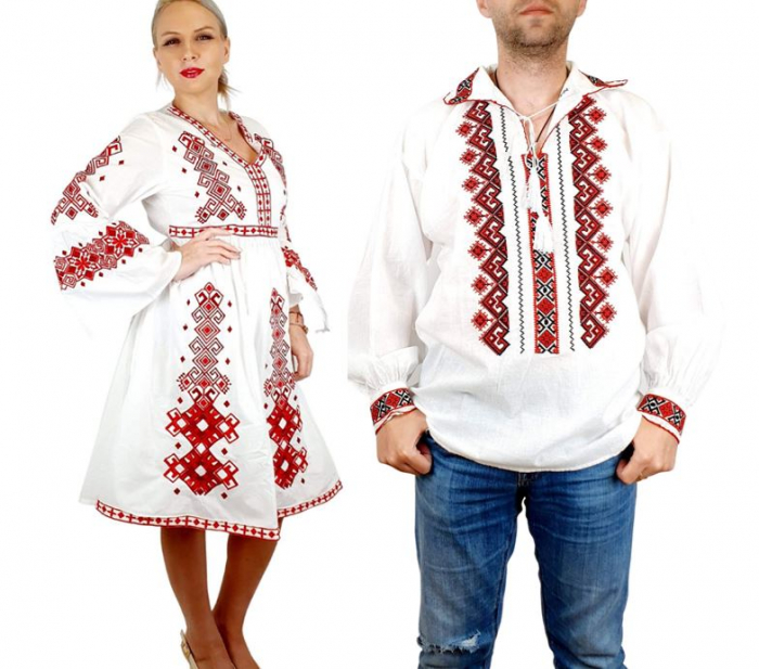 Set cuplu traditional 90 camasa traditionala si rochie traditionala