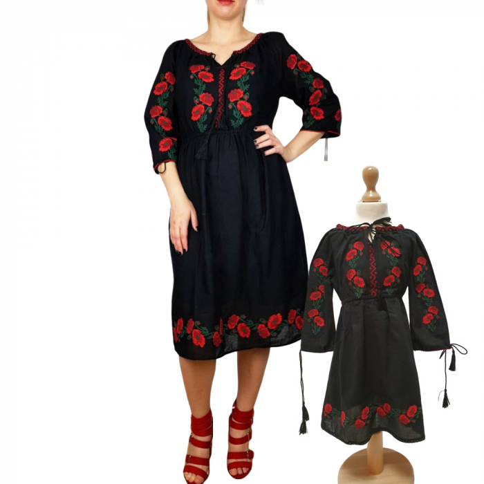Set mama si fiica rochii traditionale cu maci - 3 rochie mama si rochita fetita