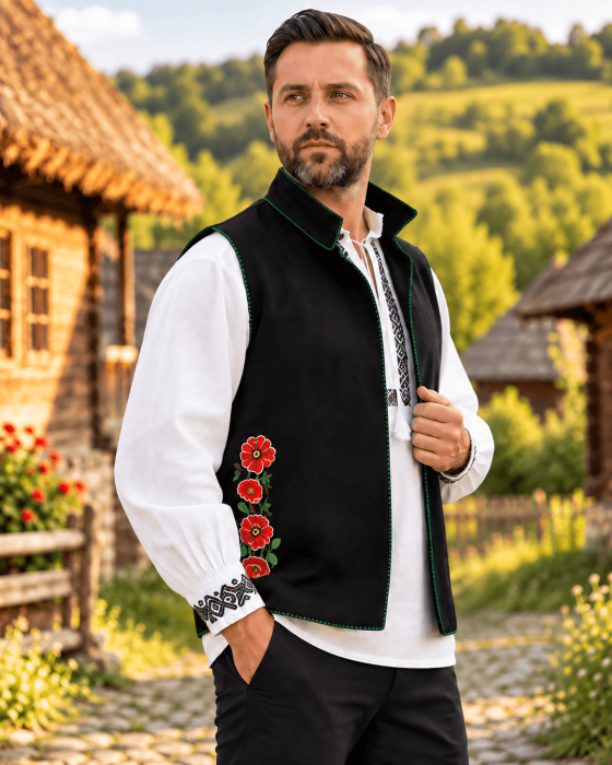 Vestă tradițională din lână cu broderie de maci - Benone [8]