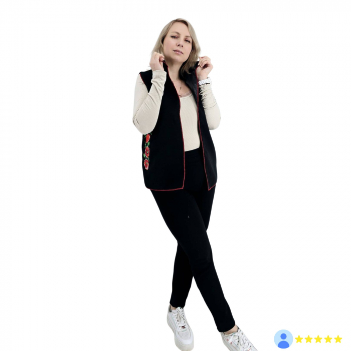 Vestă unisex tradițională din lână cu broderie de maci - margine rosie [3]