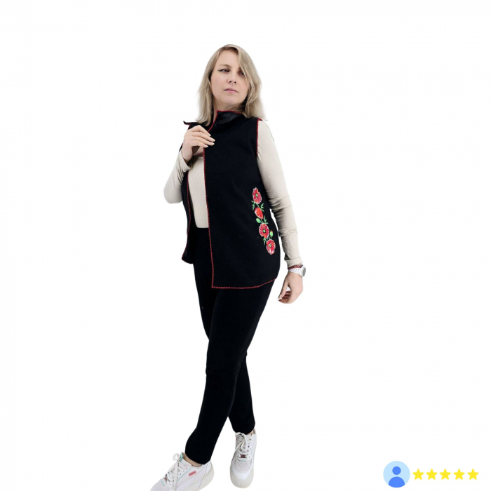 Vestă unisex tradițională din lână cu broderie de maci - margine rosie [5]