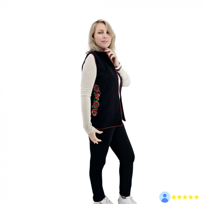 Vestă unisex tradițională din lână cu broderie de maci - margine rosie [2]