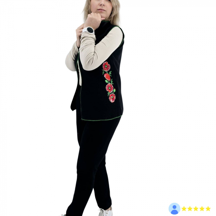 Vestă unisex tradițională din lână cu broderie de maci - margine verde [4]