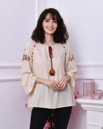 Блузи - Bluza stilizata traditional cu broderie si ciucuri Clarita 2