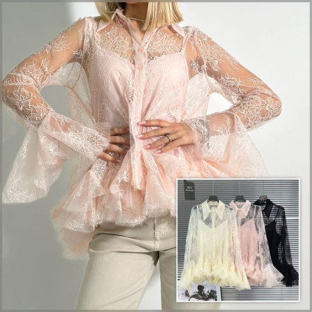 Bluze - Bluză vaporoasă cu șnur decorativ și mâneci bufante